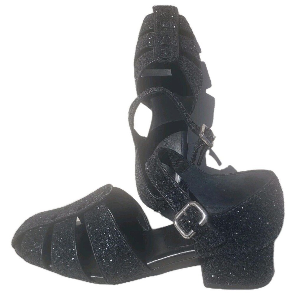 Freda Salvador Hattie Black Glitter Fisherman Mid Heel Sandals Size 9.5 Buckle